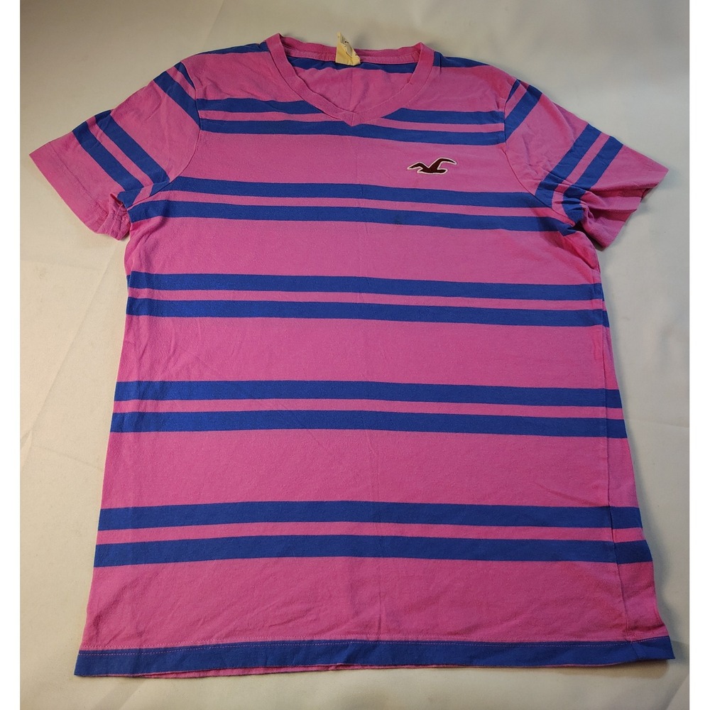 Hollister Mens Retro V-Neck T-Shirt Pink Blue Striped Logo Cotton Tee Size L Y2K
